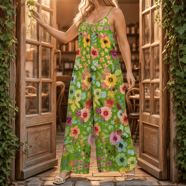 Sunara™ – Floral Wide-Leg Jumpsuit for Curves Watercolor on Green / XL