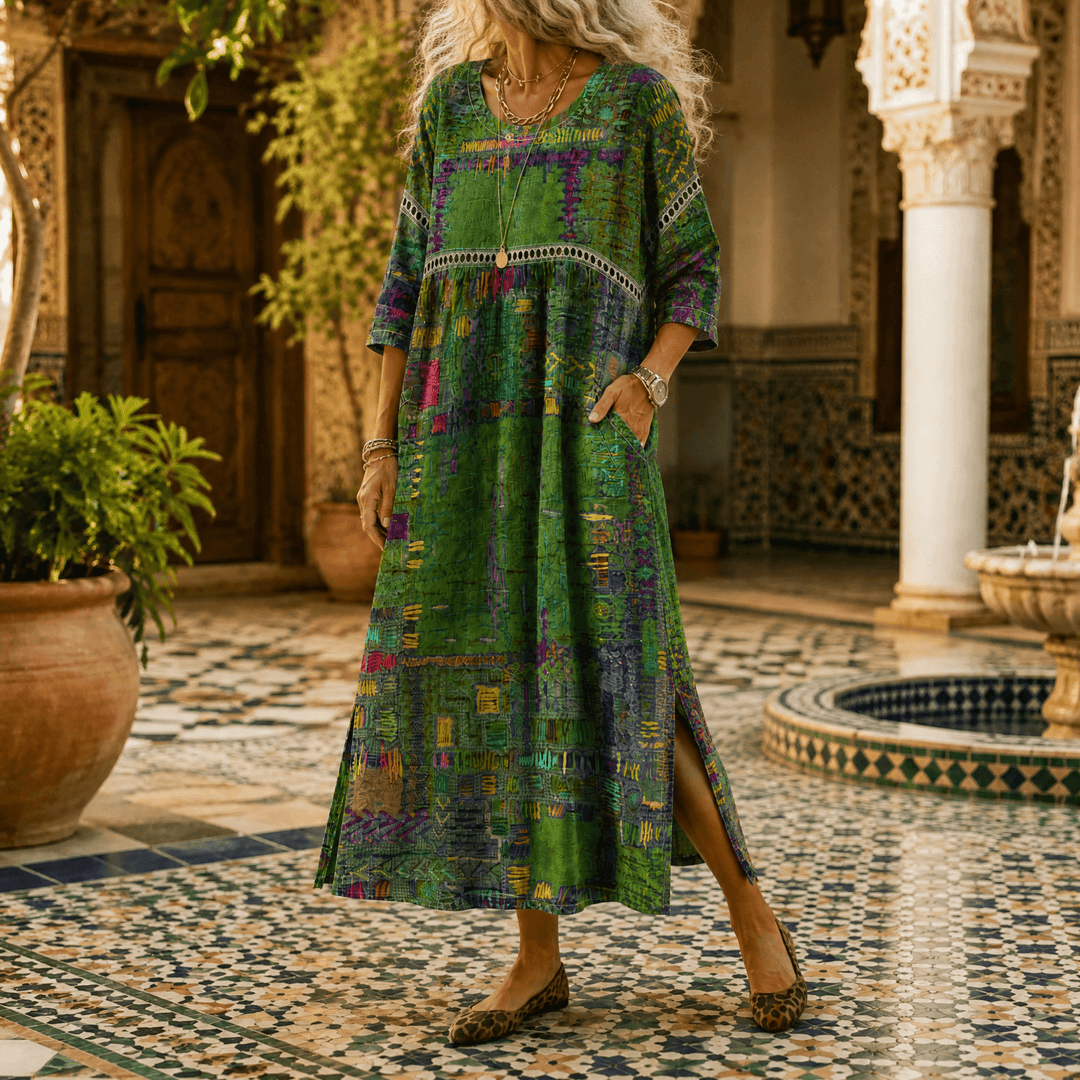 Tessara – Women's Painterly Patchwork Midi Dress – Lark & Clover Tessara – Women's Painterly Patchwork Midi Dress – Lark & Clover