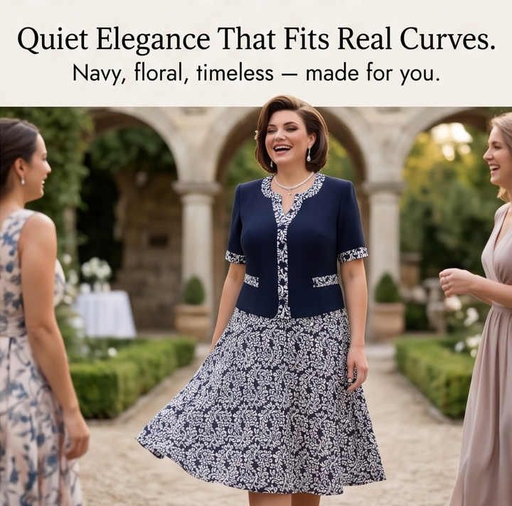 Maelyn™ Elegant Navy Floral Dress with Built-in Jacket