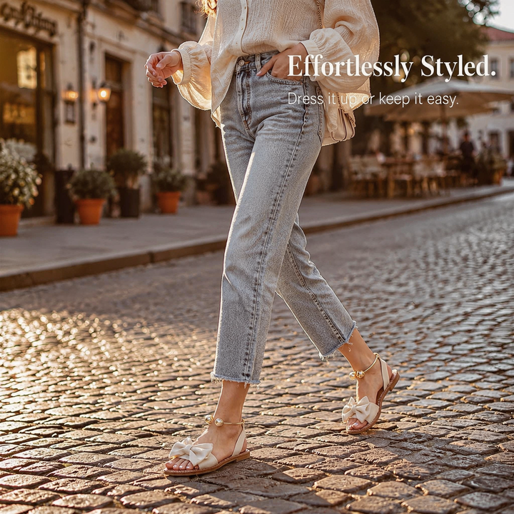 Lunabow™ Bow Flat Sandals with Pearl Ankle Cuff