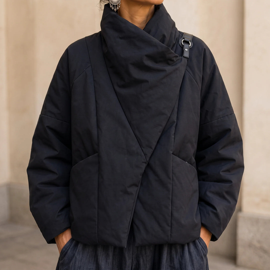 Veluna – Asymmetric Draped-Neck Puffer Jacket
