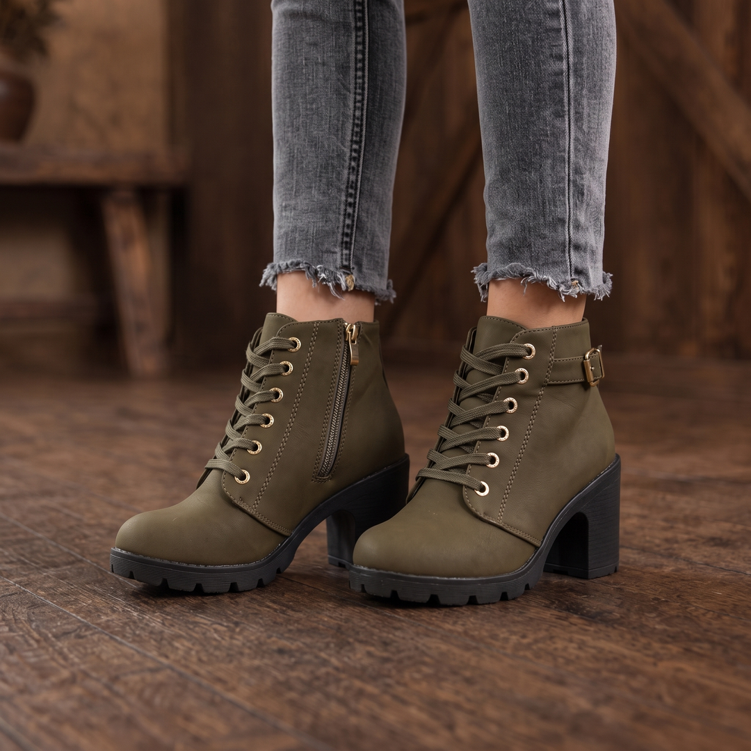 Buckle & Bold – Buckle Lace-Up Chunky Heel Ankle Boots