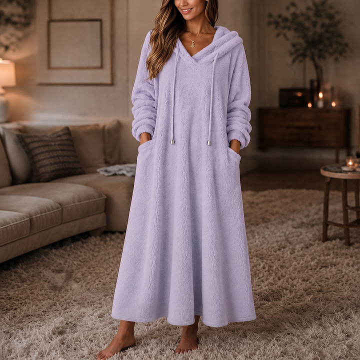 Wrapelle – Hooded Plush A-Line Maxi Lounge Dress