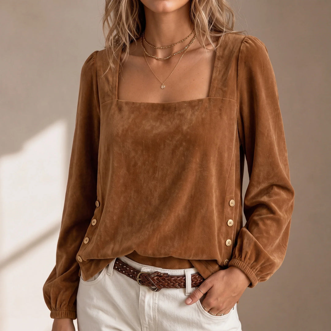 Elara – Square Neck Button-Accent Blouse