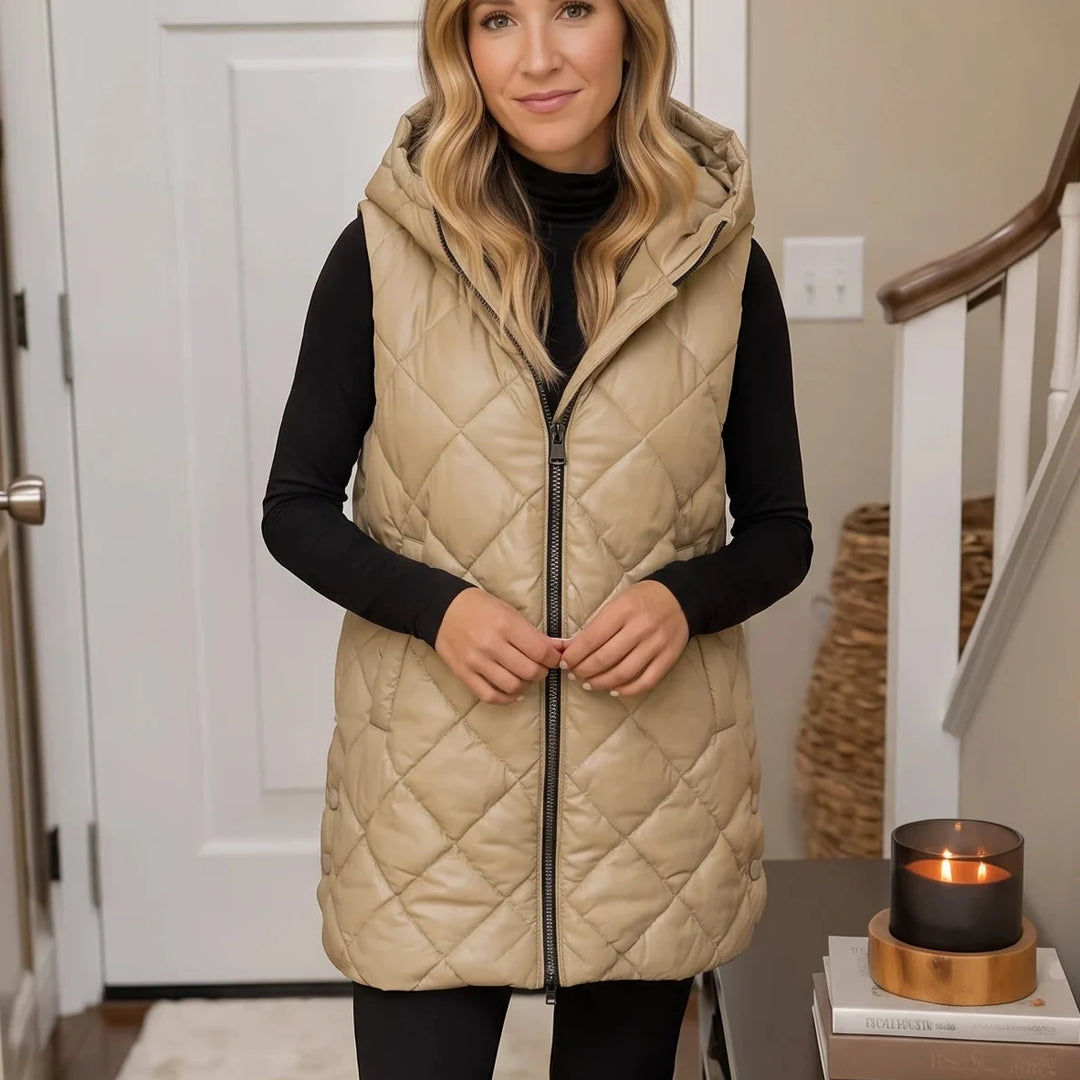 Quilted Muse – Quilted Hooded Mid-Length Vest