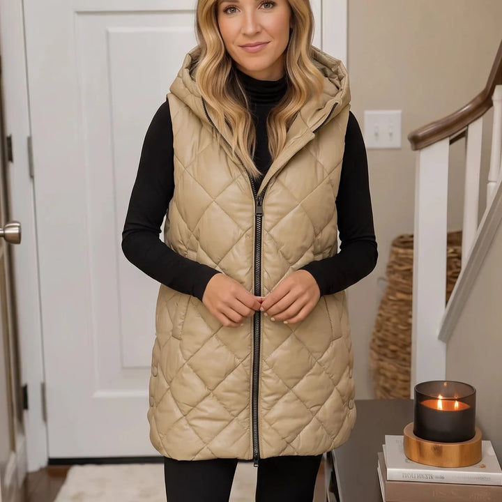 Quilted Muse – Quilted Hooded Mid-Length Vest