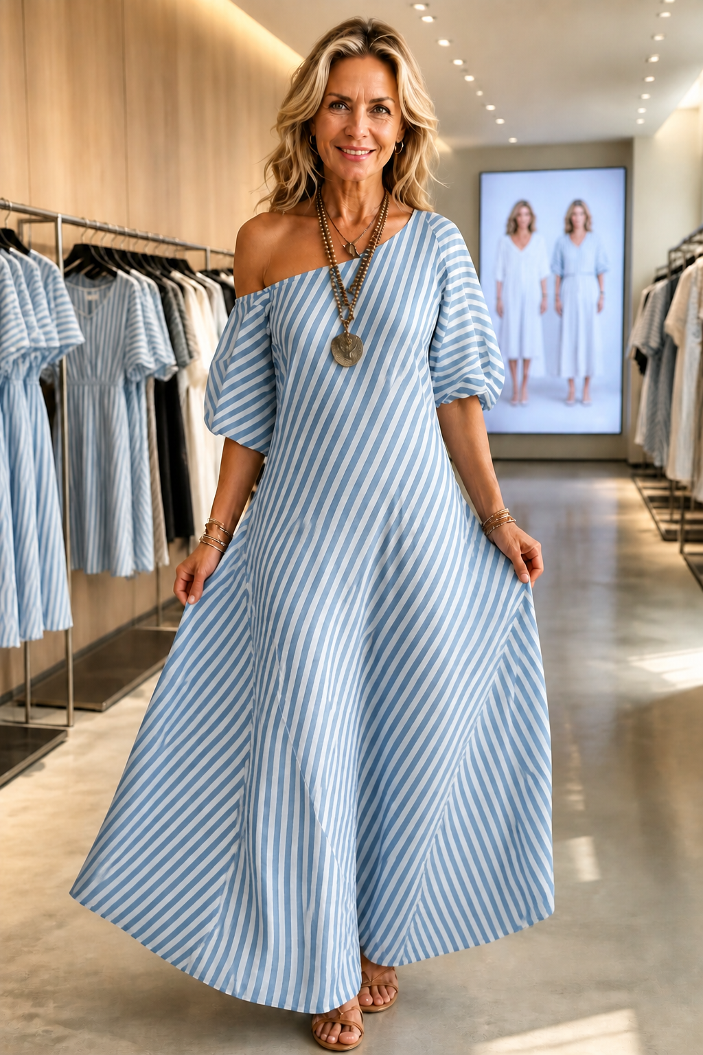Onestrand – Striped One-Shoulder Puff Sleeve Maxi Dress
