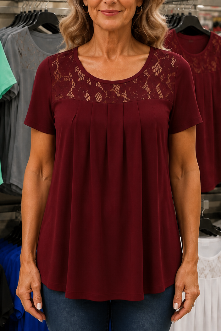 Wearbella – Floral Lace-Look Yoke Pleated Front Tee