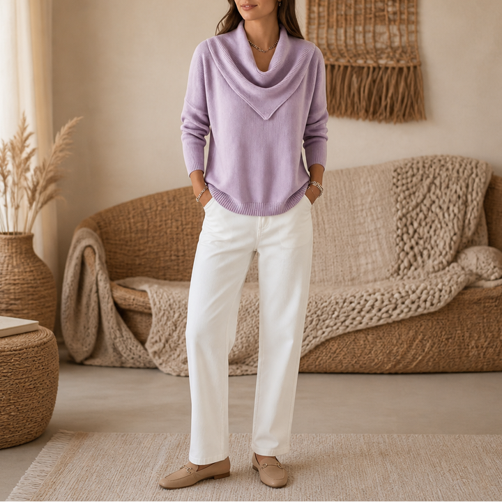 Collarvie – Draped Open-Collar Cowl Neck Sweater
