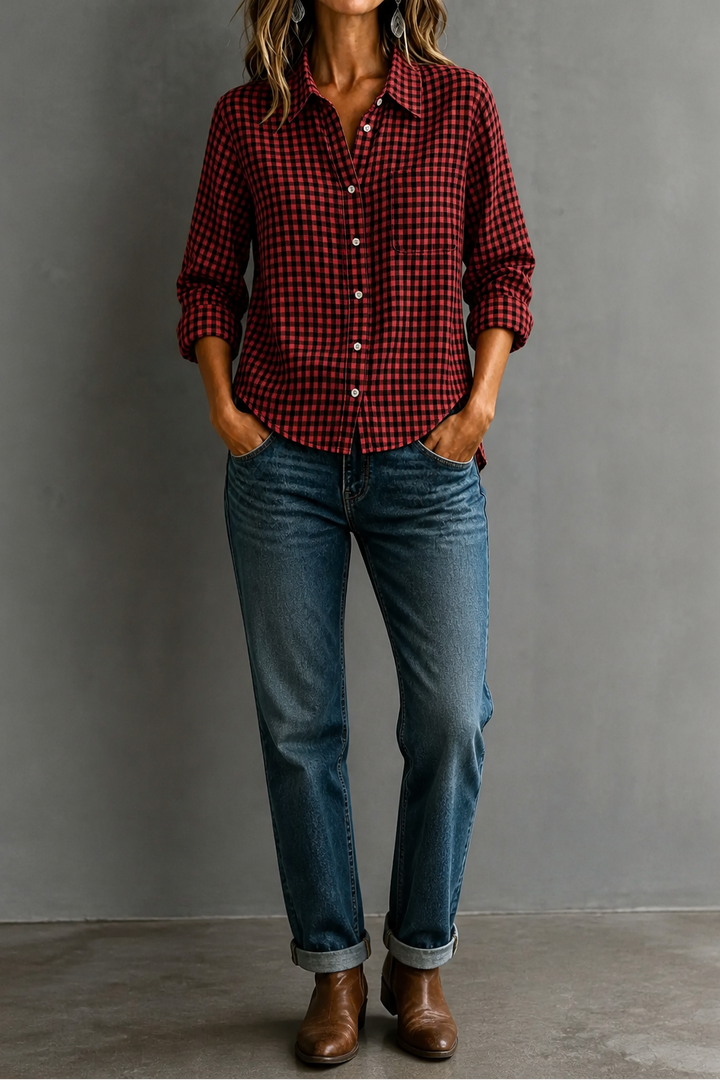 Everwear – Checkered Long-Sleeve Button-Up Shirt For Women