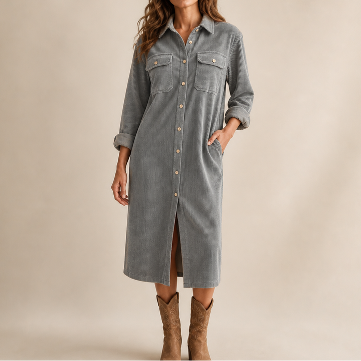Corvella – Ribbed Corduroy Button-Front Shirt Dress