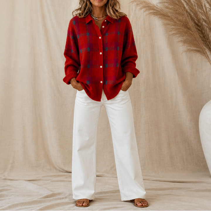 Verawool – Plaid Knit Shirt-Collar Cardigan
