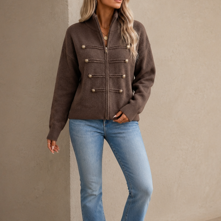 Mayfield – Gold Button Military-Style Knit Cardigan