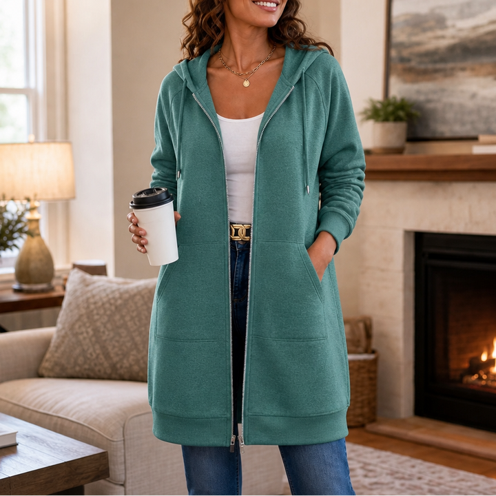 Wrapdrey – Mid-Length Zip-Up Hooded Cardigan