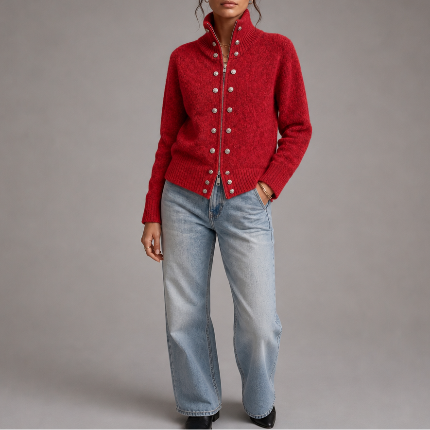 Wearvale – Two-Way Zip High-Neck Knit Cardigan