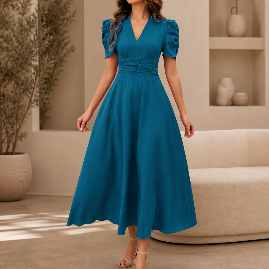 Wearbella – Ruched Waist Puff Sleeve V-Neck Midi Dress