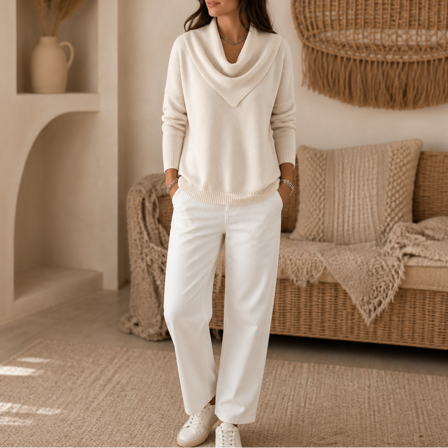 Collarvie – Draped Open-Collar Cowl Neck Sweater
