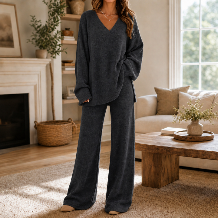 Vellora – V-Neck Knit Sweater And Wide-Leg Trouser Set