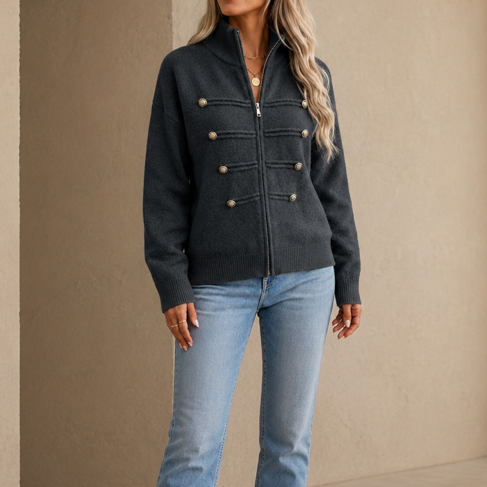 Mayfield – Gold Button Military-Style Knit Cardigan