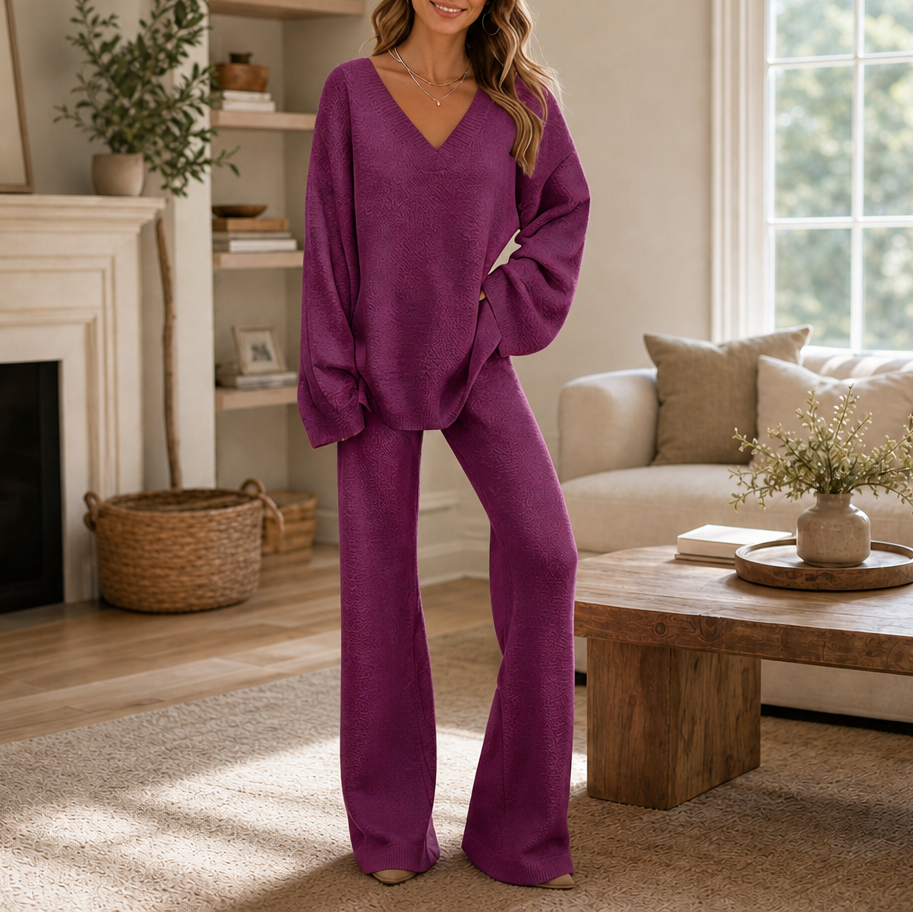 Vellora – V-Neck Knit Sweater And Wide-Leg Trouser Set