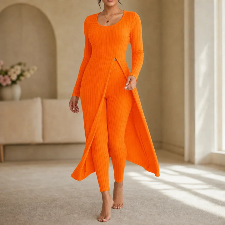 Ribella – Ribbed Side-Slit Tunic And Slim-Fit Pants Set