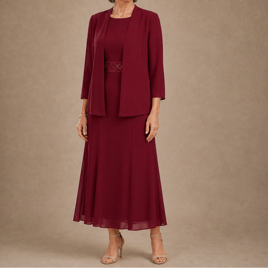 Elowen – Sleeveless Beaded-Waist Chiffon Dress With Jacket