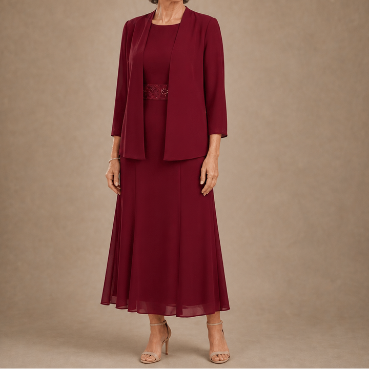 Elowen – Sleeveless Beaded-Waist Chiffon Dress With Jacket