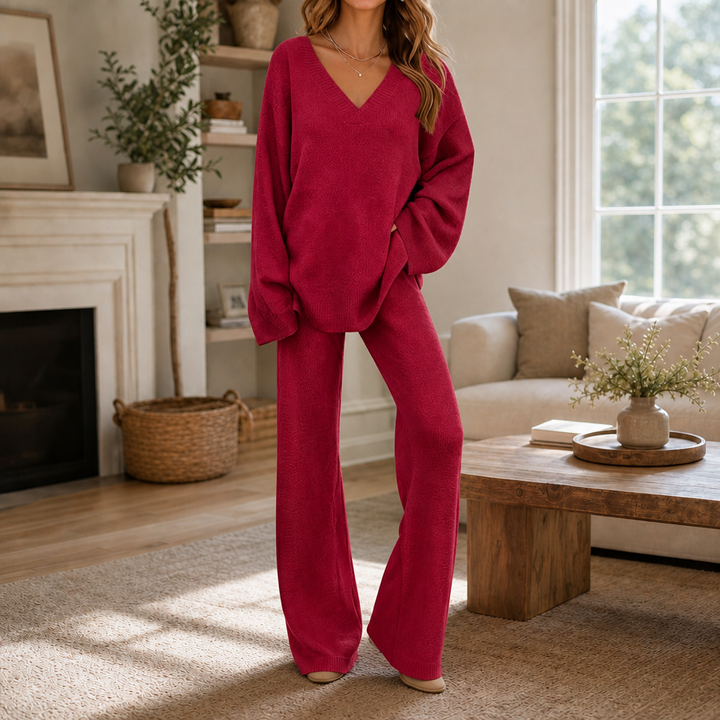 Vellora – V-Neck Knit Sweater And Wide-Leg Trouser Set