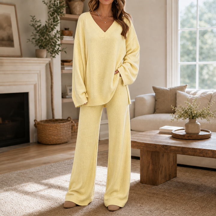 Vellora – V-Neck Knit Sweater And Wide-Leg Trouser Set
