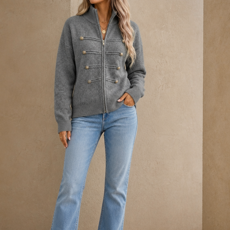 Mayfield – Gold Button Military-Style Knit Cardigan