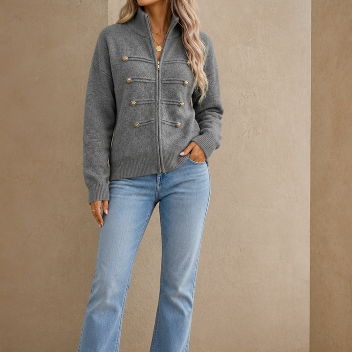 Mayfield – Gold Button Military-Style Knit Cardigan