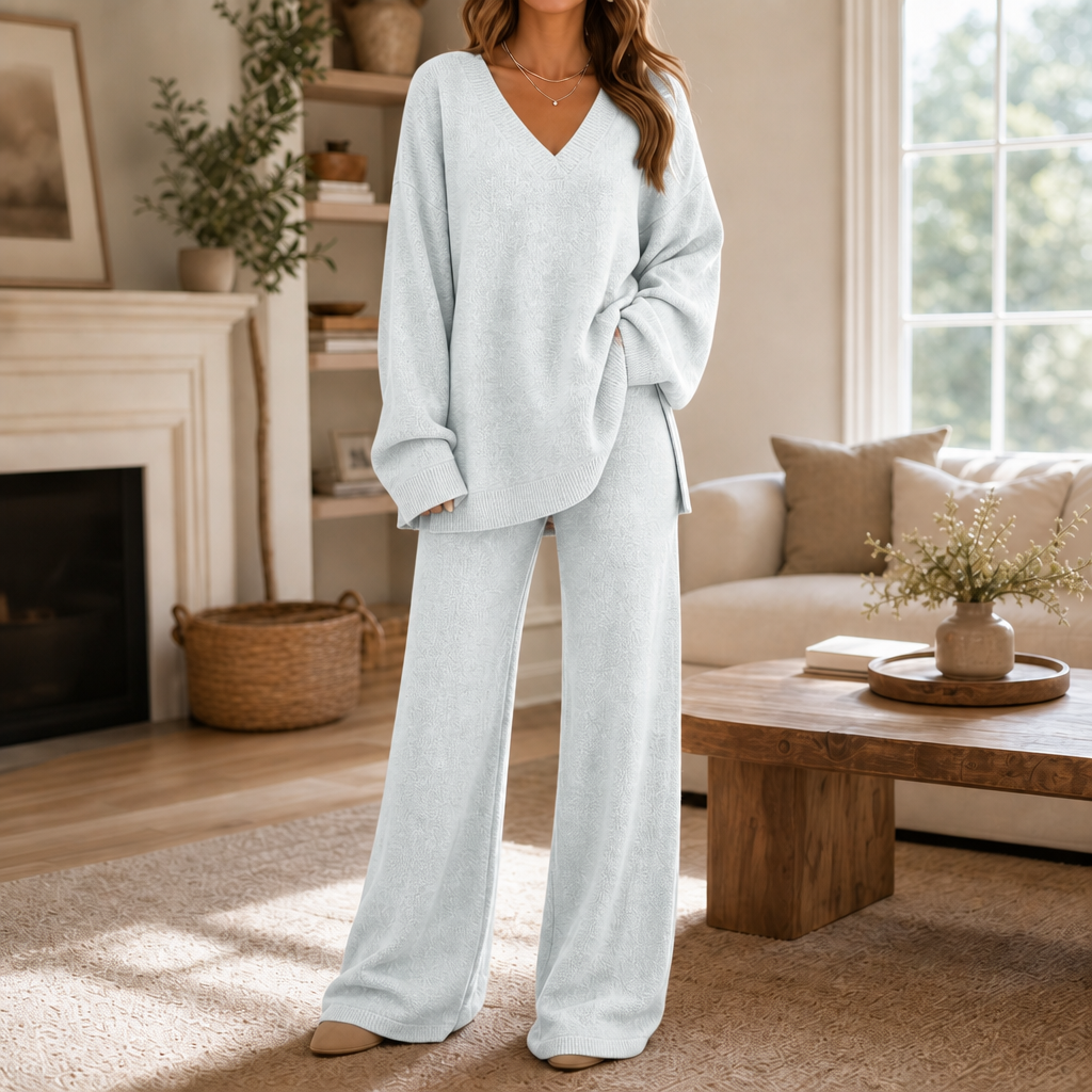 Vellora – V-Neck Knit Sweater And Wide-Leg Trouser Set