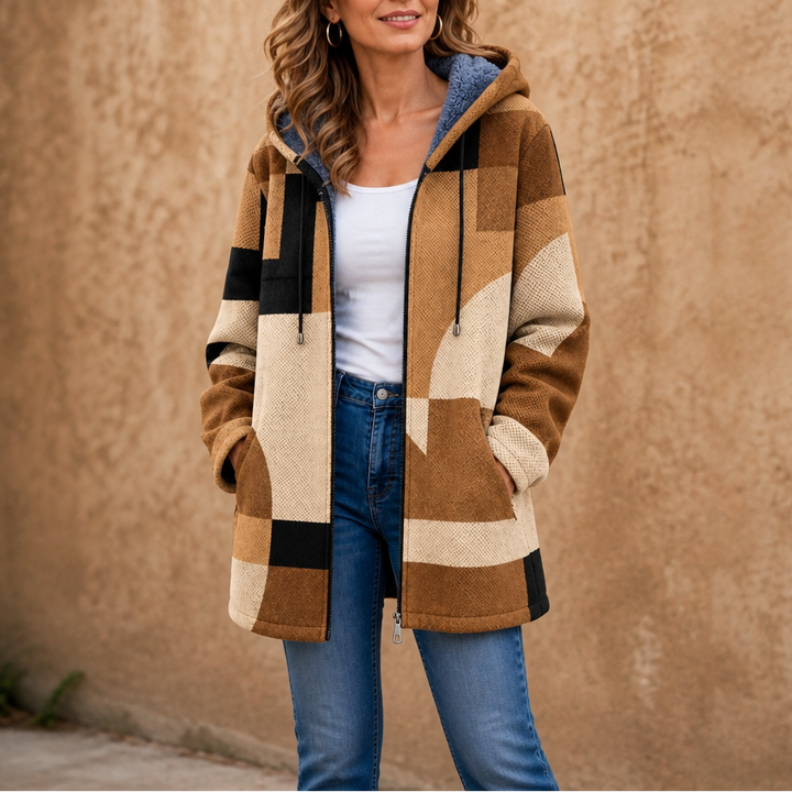 Patchwork & Poise – Geometric Color-Block Hooded Jacket
