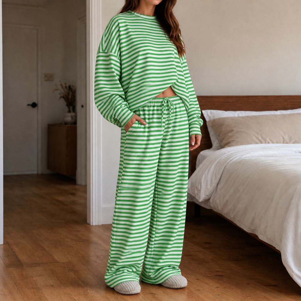 Stripe & Ease – Striped Top And Drawstring Wide-Leg Pants Set