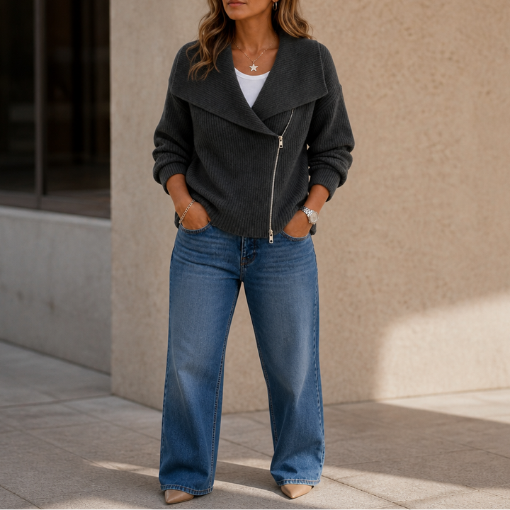 Wearbella – Diagonal Zip Oversized Collar Ribbed Knit Jacket