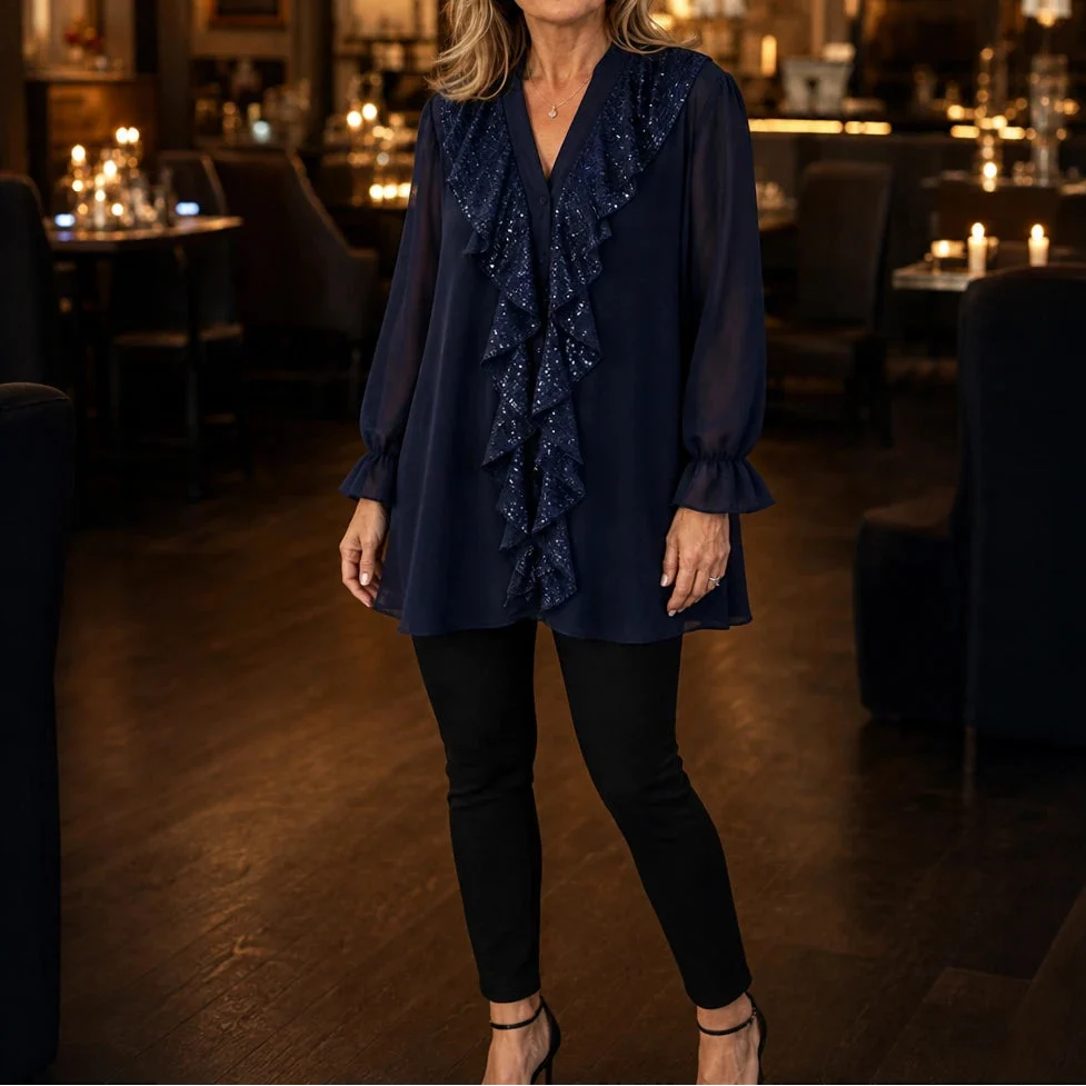 Vellora – Sequin Ruffle V-Neck Blouse