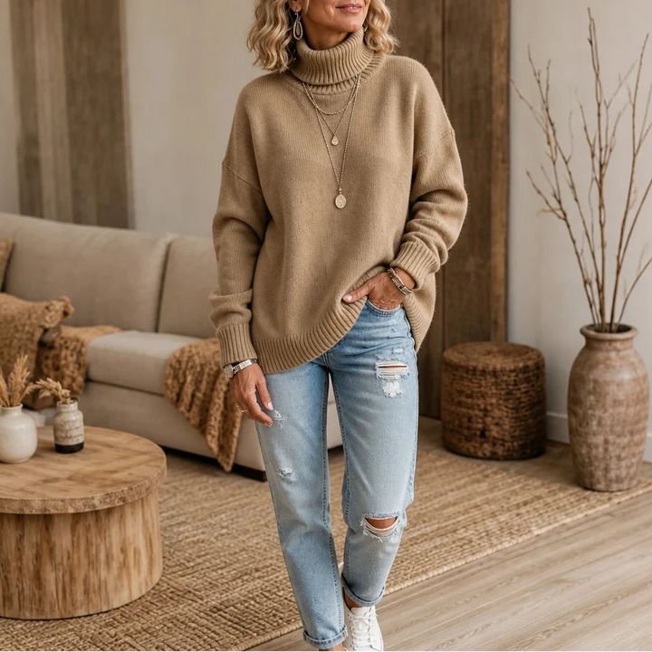 Cozyelle – Ribbed Dropped-Shoulder Turtleneck Sweater