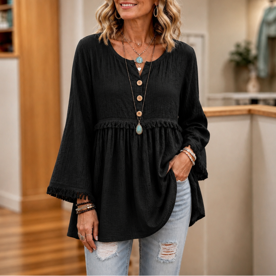 Fringe & Found – Tassel Trim Button-Front Long Sleeve Tunic