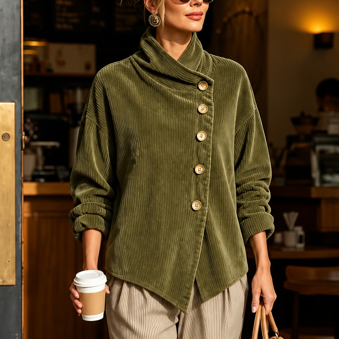 Foldover – Asymmetric Placket Funnel Neck Corduroy Top