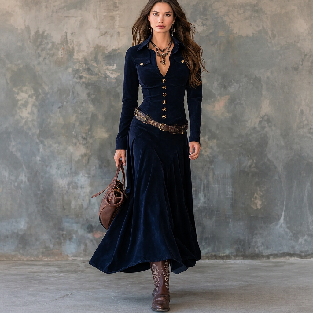 Vena – Button-Front Velvet-Look A-Line Maxi Dress