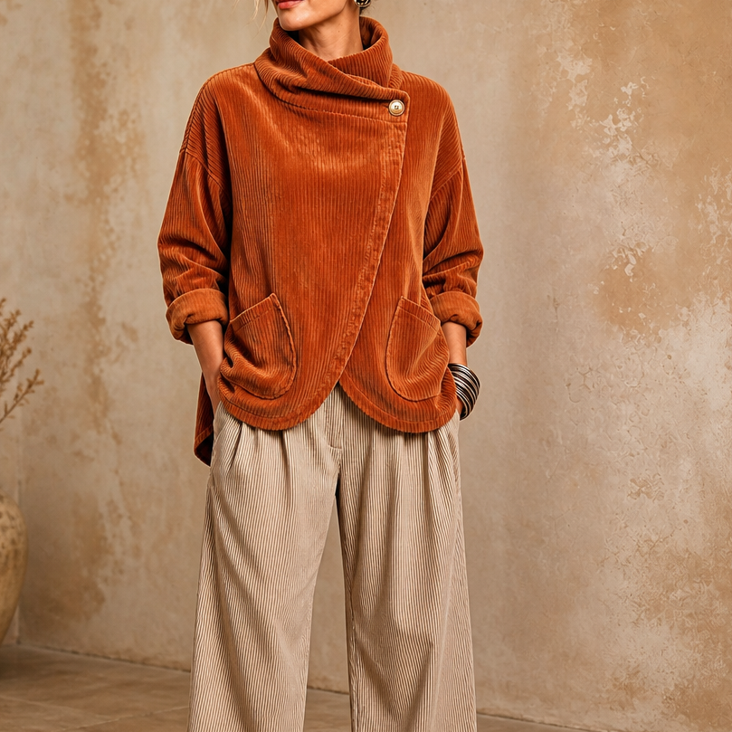 Draperie – Asymmetric Button-Wrap Corduroy Top