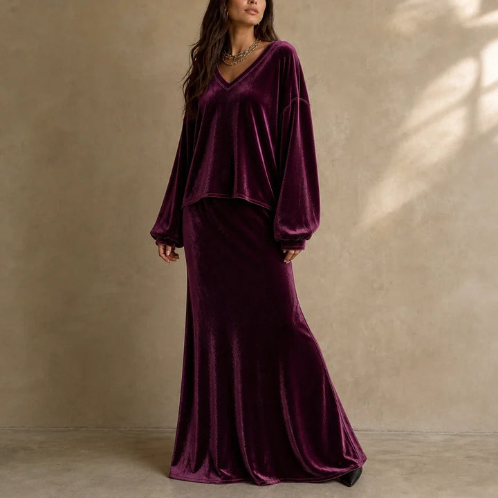 Veloura – Relaxed Velvet Top And Flared Maxi Skirt Set