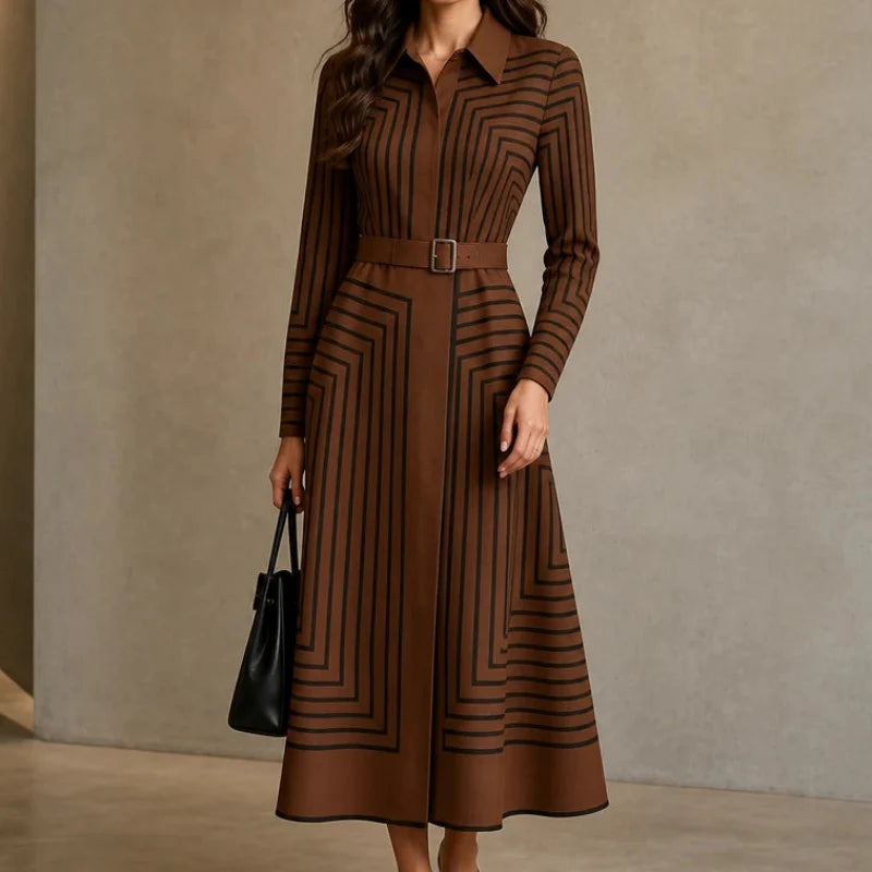 Linea Midi – Geometric Print Belted Shirt Dress