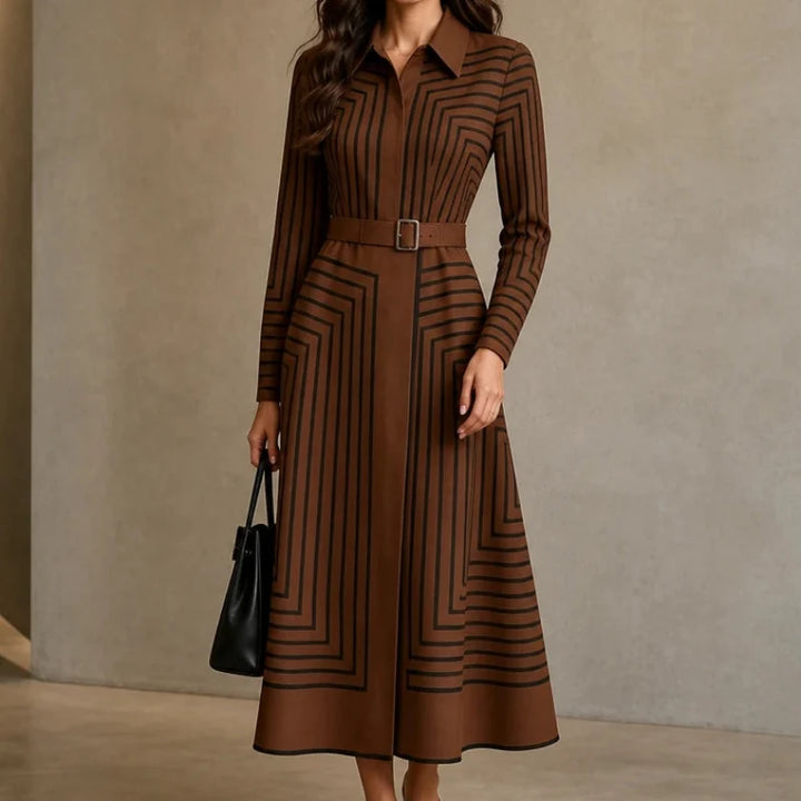 Linea Midi – Geometric Print Belted Shirt Dress