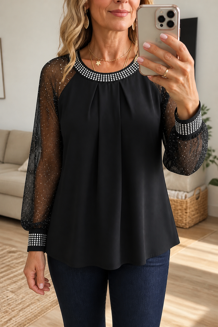 Wearbella – Sequin-Trim Sheer-Sleeve Pleated Blouse