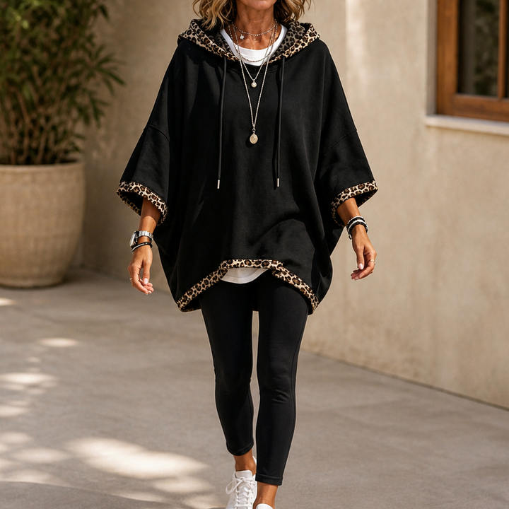 Wildelle – Leopard Trim Wide Sleeve Off-Shoulder Hoodie