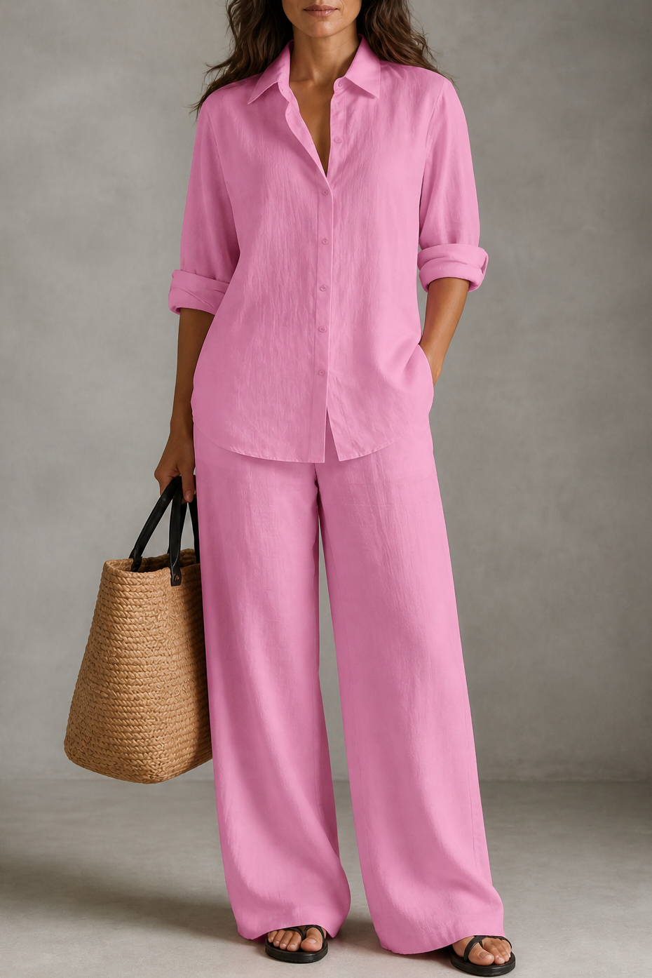 Setwell – Wide-Leg Pants And Shirt Two-Piece Set