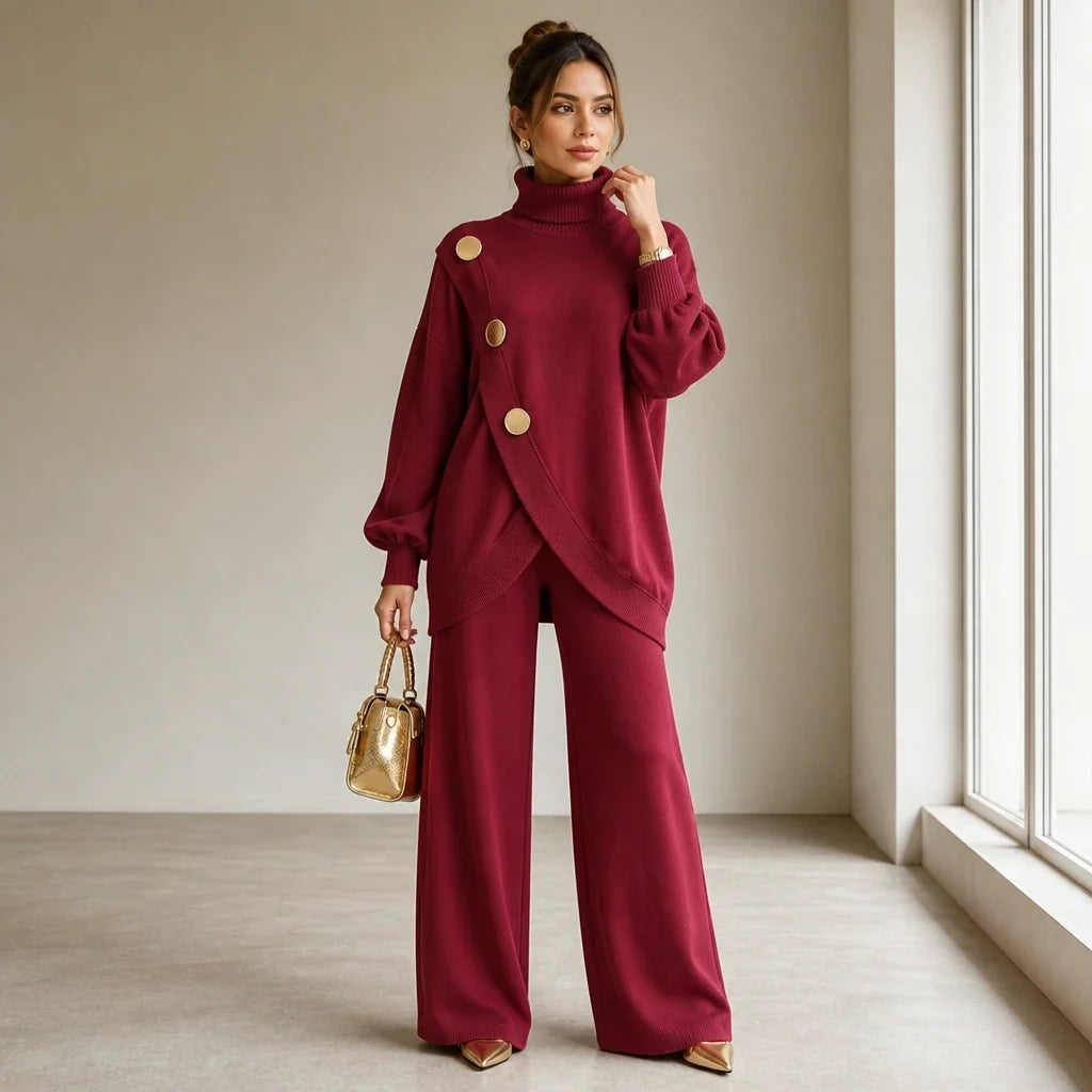 Mackenzie – Gold-Button Asymmetric Knit Two-Piece Set