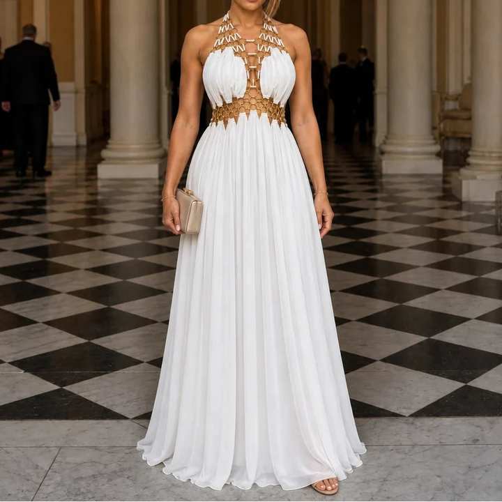 Avelise – Gold Ring Halter Open-Back Maxi Dress