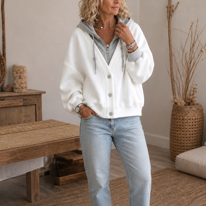 Layerelle – Color-Block Faux-Layer V-Neck Hoodie